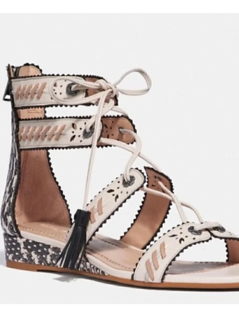 New in Box Coach Via Demi Gladiator Wedge Sandals in white python-print leather